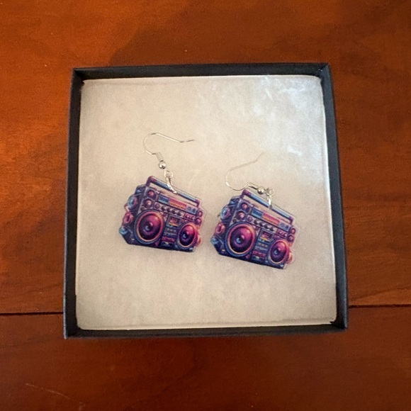 Retro Boombox Earrings Colorful 80s 90s Music Statement Dangle Cute Funky Y2K - Picture 3 of 4